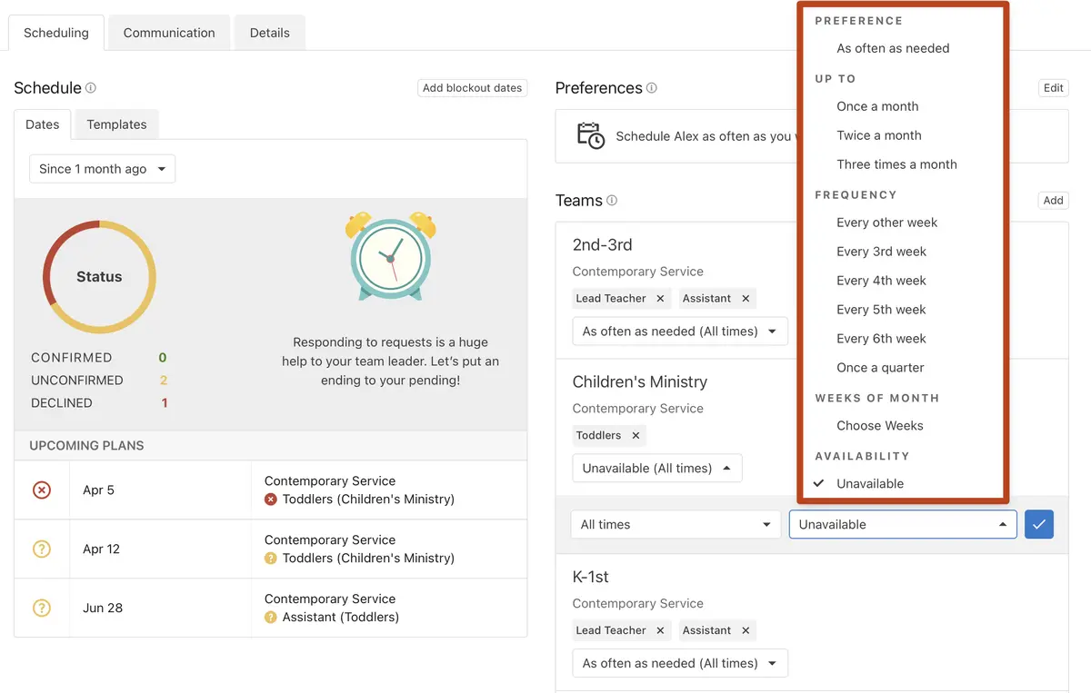 Dashboard view of a scheduling application displaying status, upcoming plans, and preferences for scheduling frequency and availability settings.