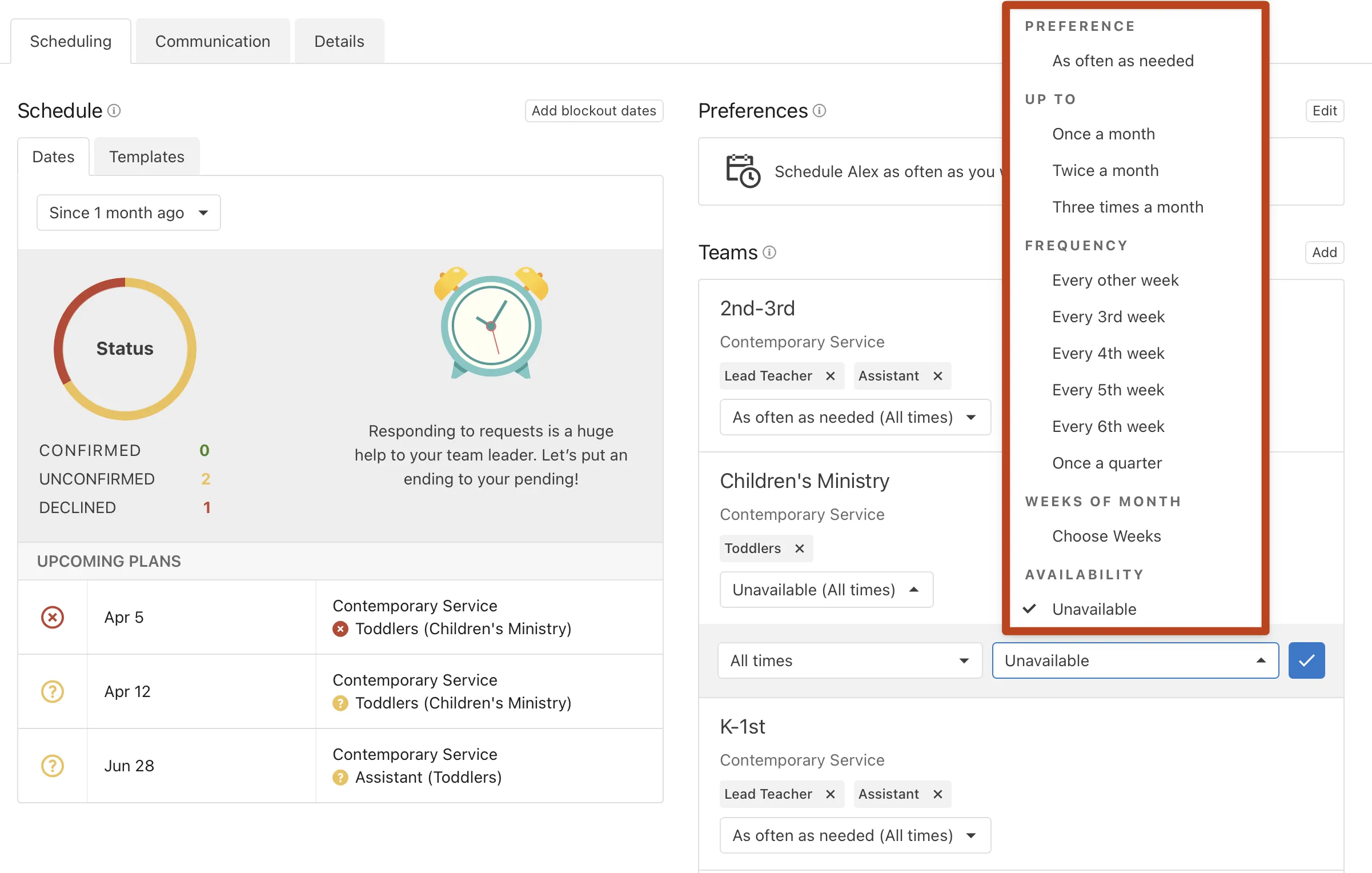 Dashboard view of a scheduling application displaying status, upcoming plans, and preferences for scheduling frequency and availability settings.