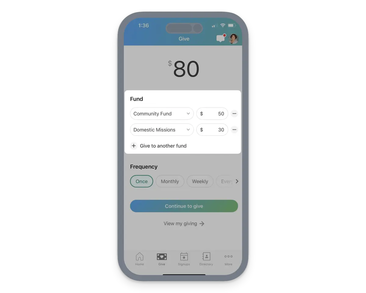 Smartphone screen displaying a donation app interface. Shows $80 donation split between "Community Fund" and "Domestic Missions." Options for frequency.