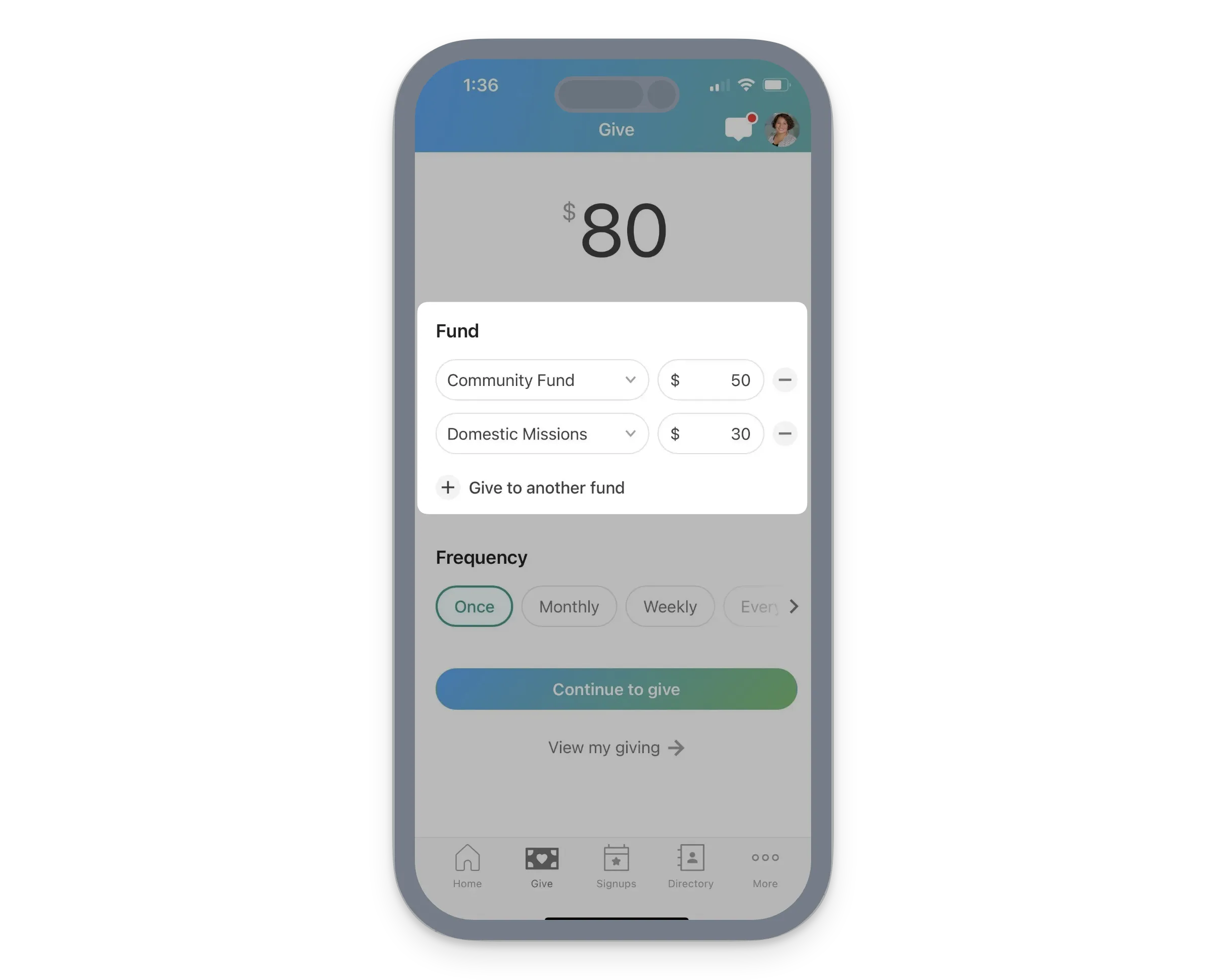Smartphone screen displaying a donation app interface. Shows $80 donation split between "Community Fund" and "Domestic Missions." Options for frequency.