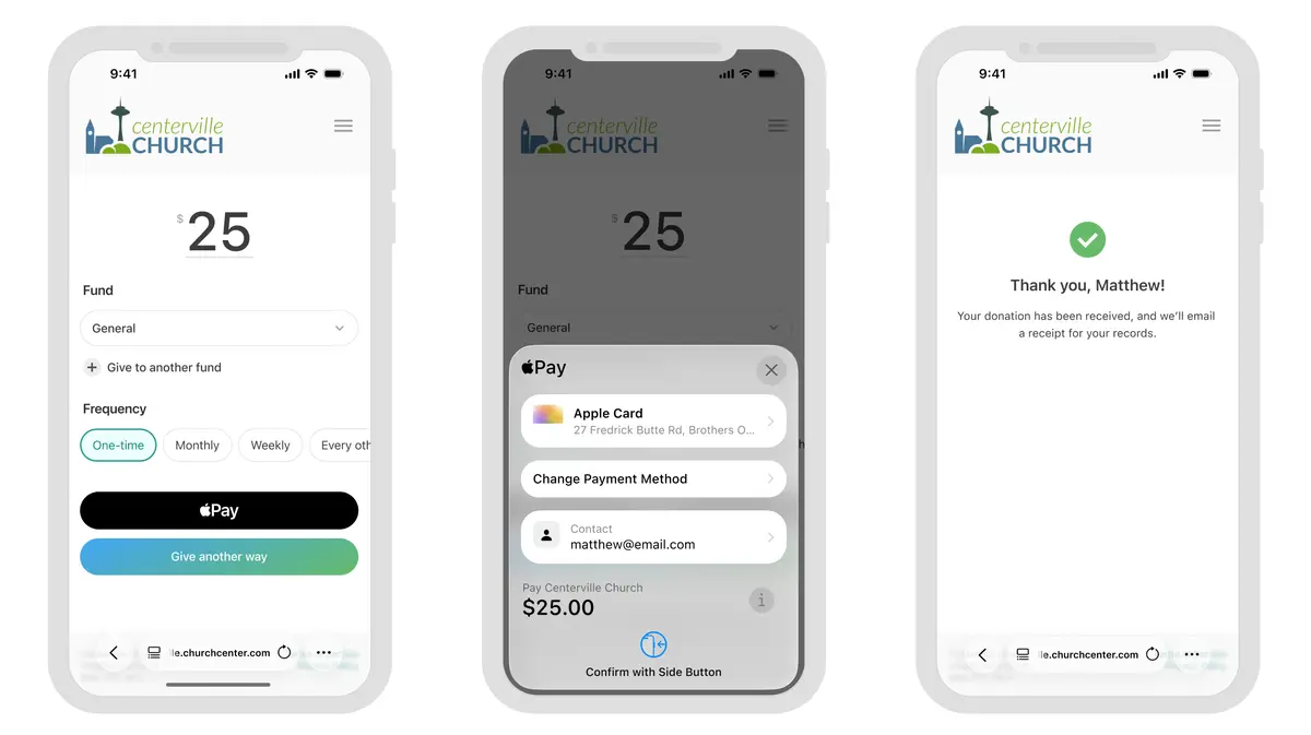 Three smartphone screens show a church donation process using Apple Pay, including fund selection, payment confirmation, and a thank you message.