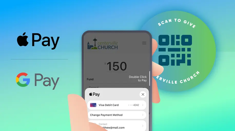 Promotional graphic of mobile giving for Centerville Church with Apple Pay, Google Pay, a smartphone display, and a QR code tag.