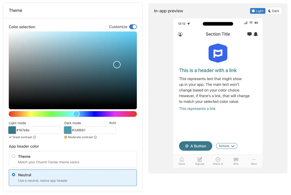 Mobile app theme customization interface with color selection, light and dark mode options, and a preview of the app design with a header and buttons.