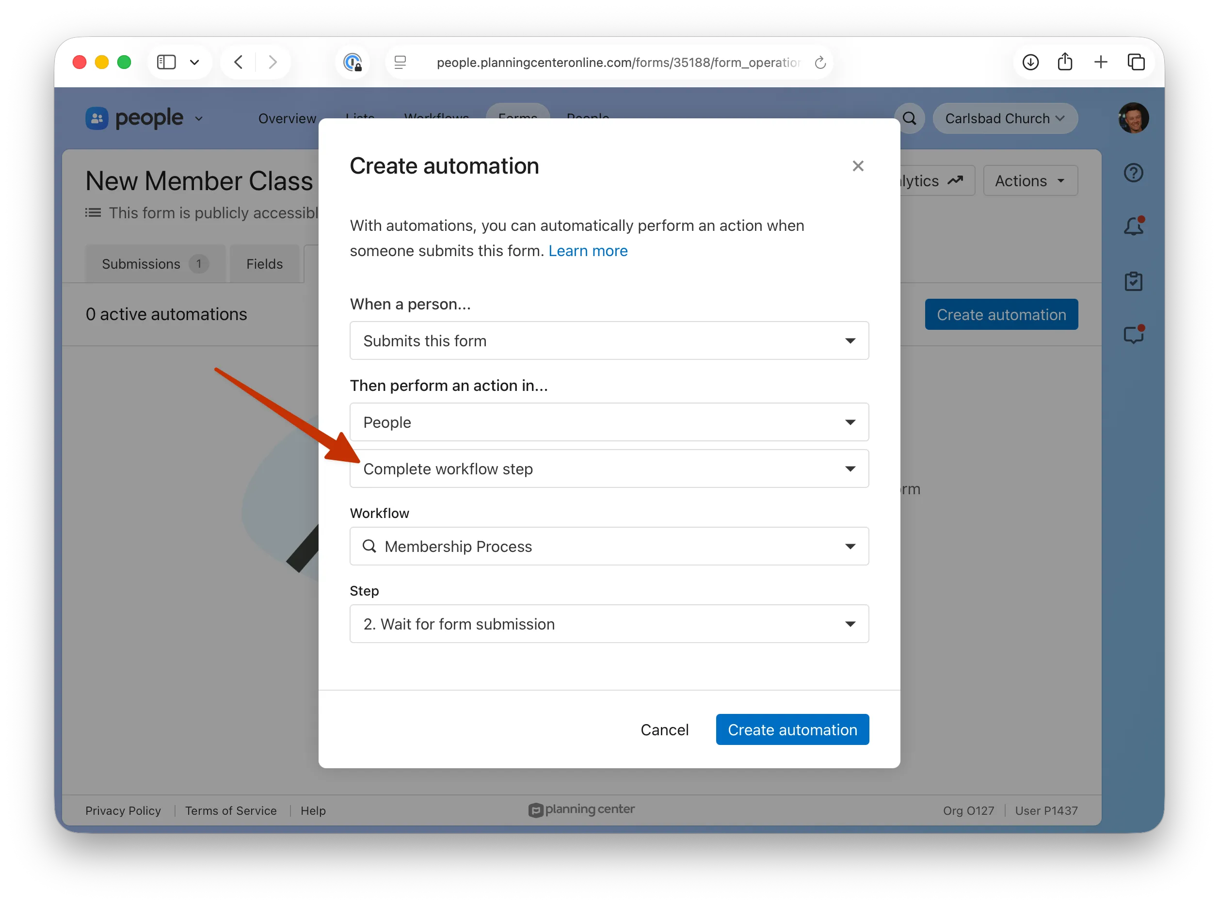 Creating a form automation with the new "Complete workflow step" option chosen.