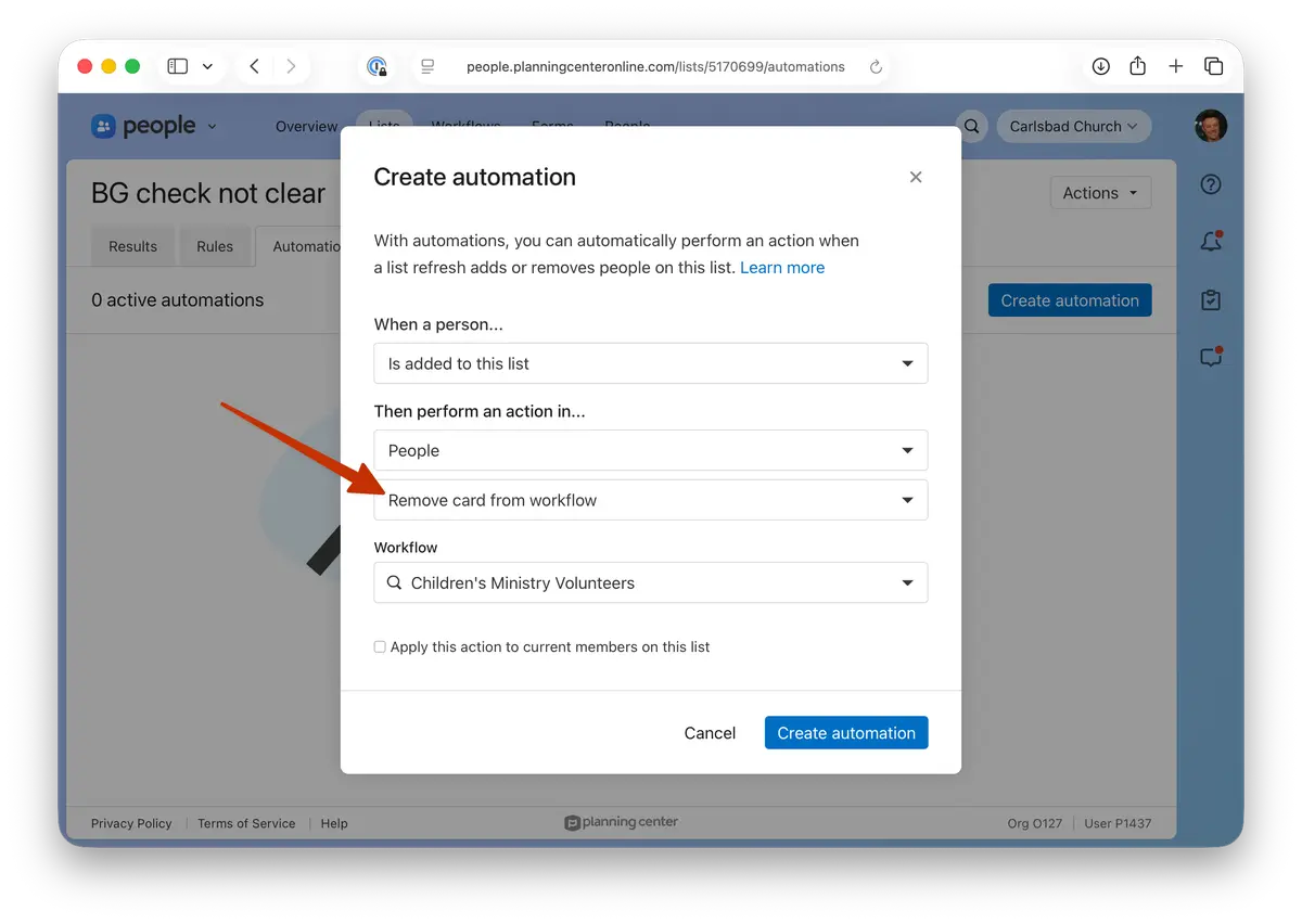 The create automation modal within a List showing the new Remove card from workflow option