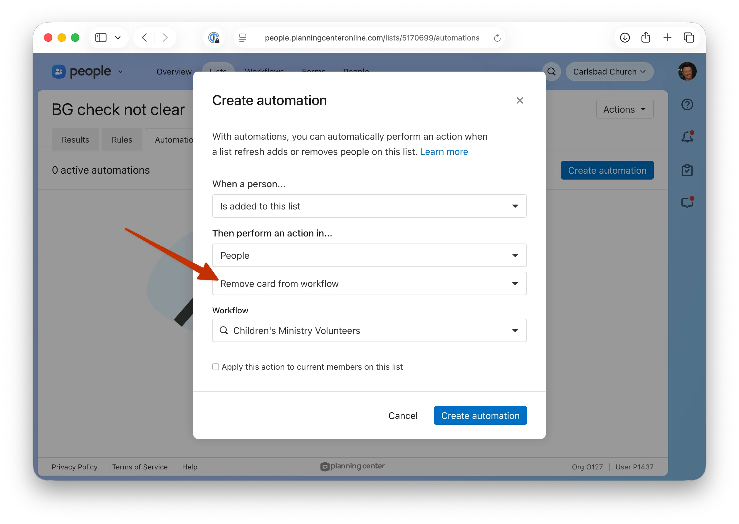 The create automation modal within a List showing the new Remove card from workflow option