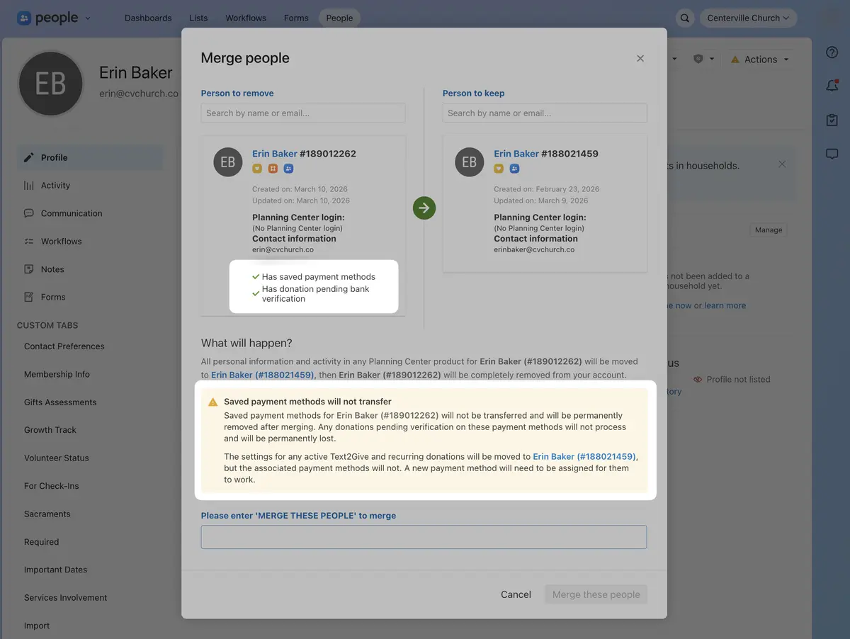 Screenshot of a web interface for merging two profiles, showing details for Erin Baker with options for payment methods and a merge button.