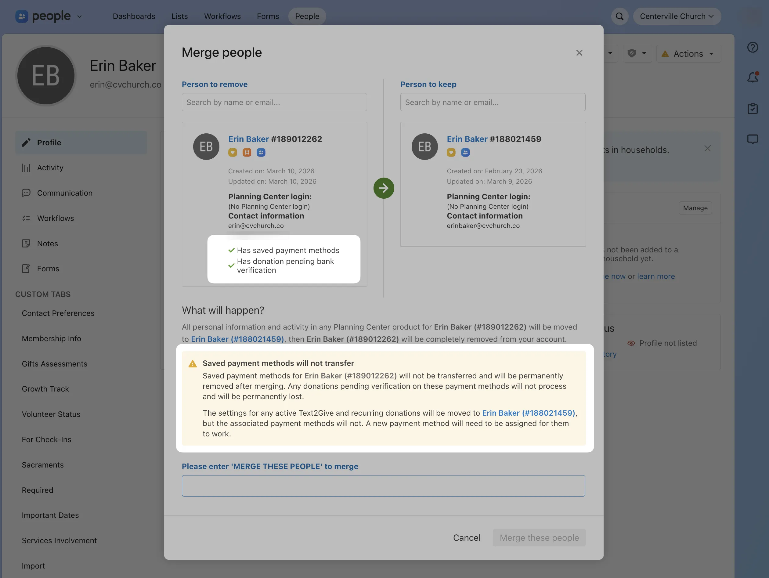 Screenshot of a web interface for merging two profiles, showing details for Erin Baker with options for payment methods and a merge button.