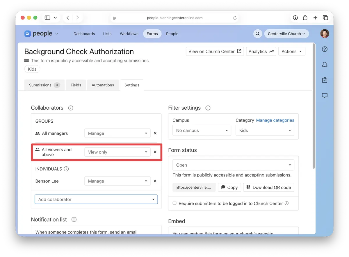 Assign access to permission groups in forms