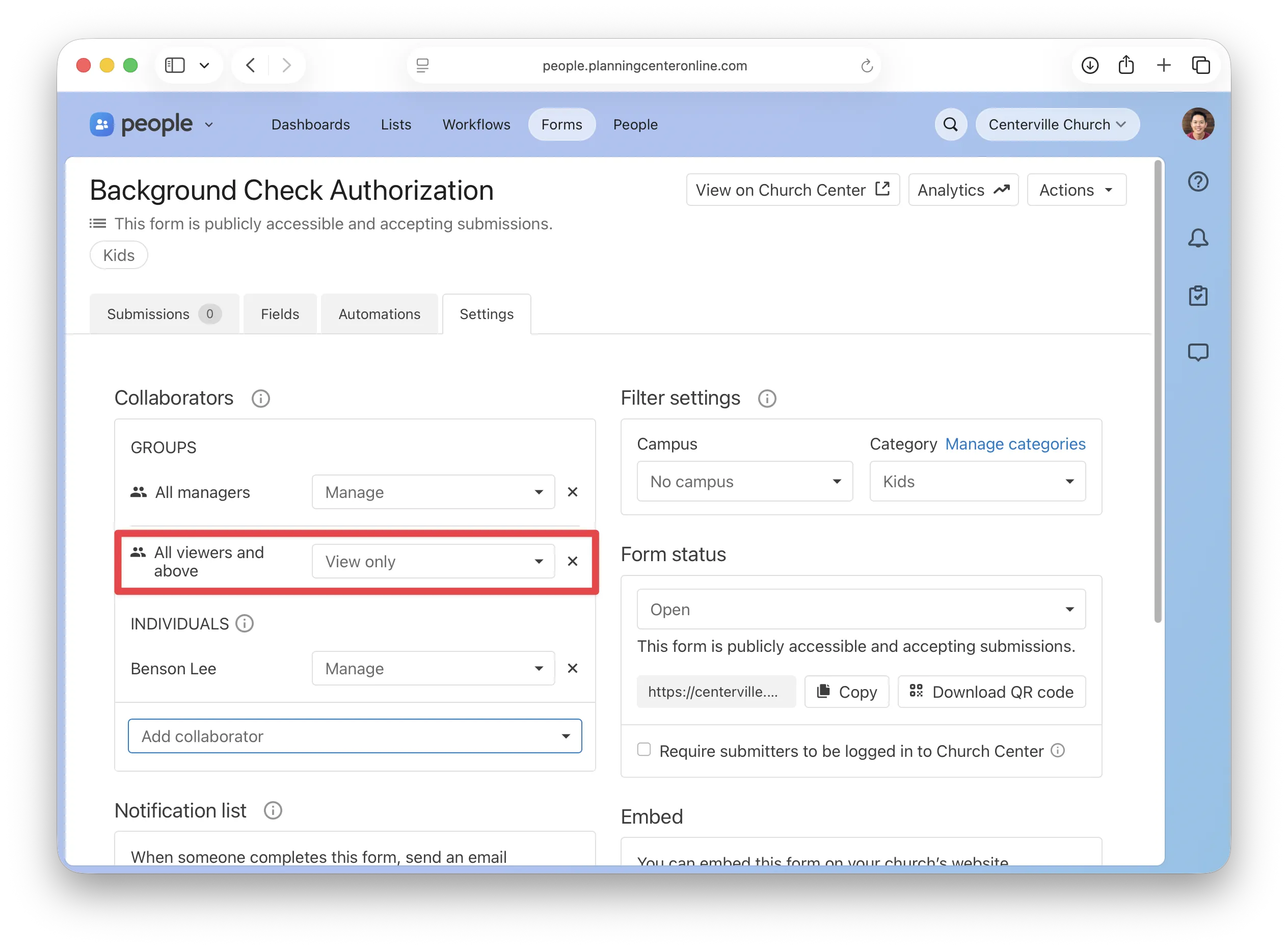 Assign access to permission groups in forms