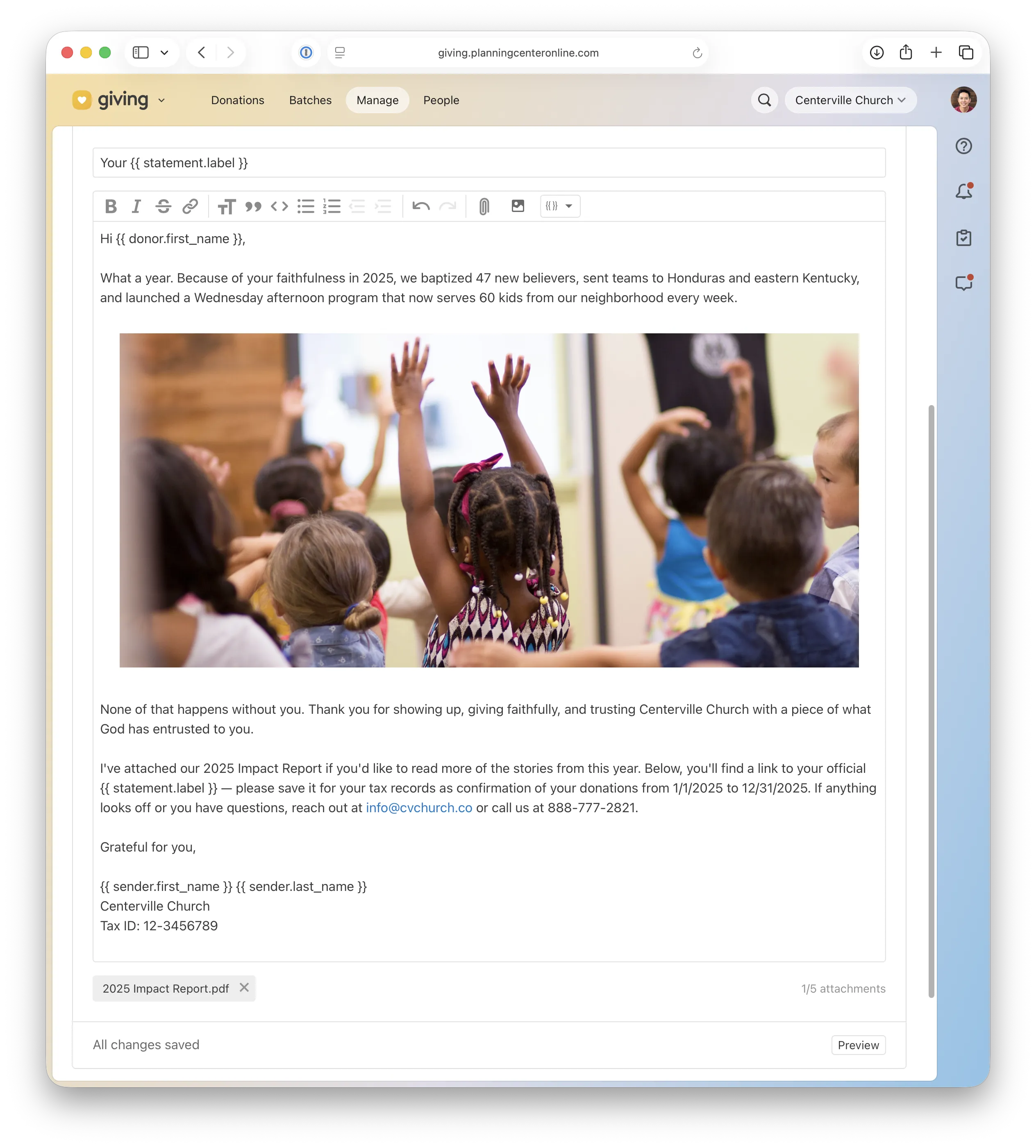 Screenshot of statement editor with inline image of kids with raised hands and example attachment