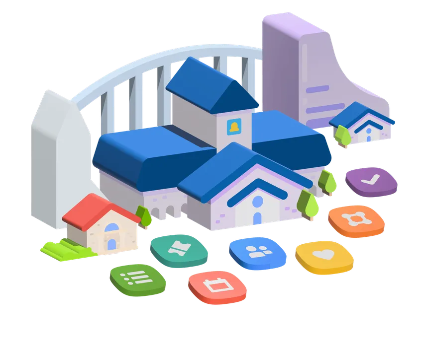 Illustration of a stylized town with buildings, colorful app icons, and a bridge, representing digital connectivity and community.