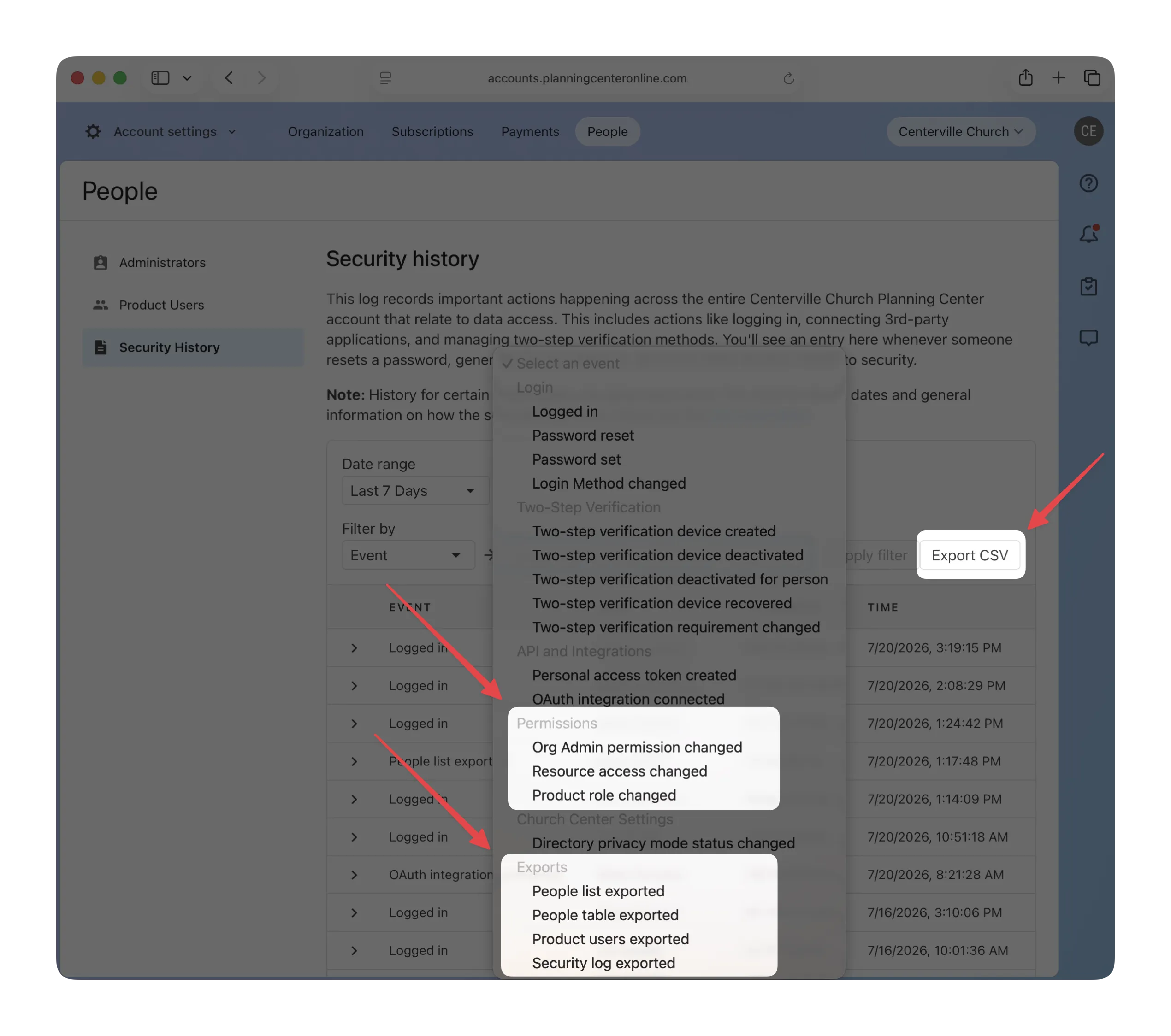 Web interface displaying a security history log with various events and options to filter by date or event. Export CSV button highlighted.