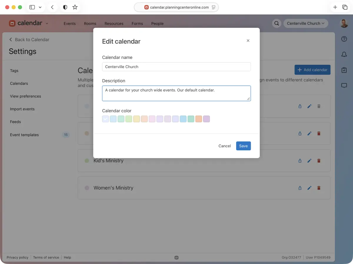 Popup window titled "Edit calendar" with fields for name, description, color options, and save button.