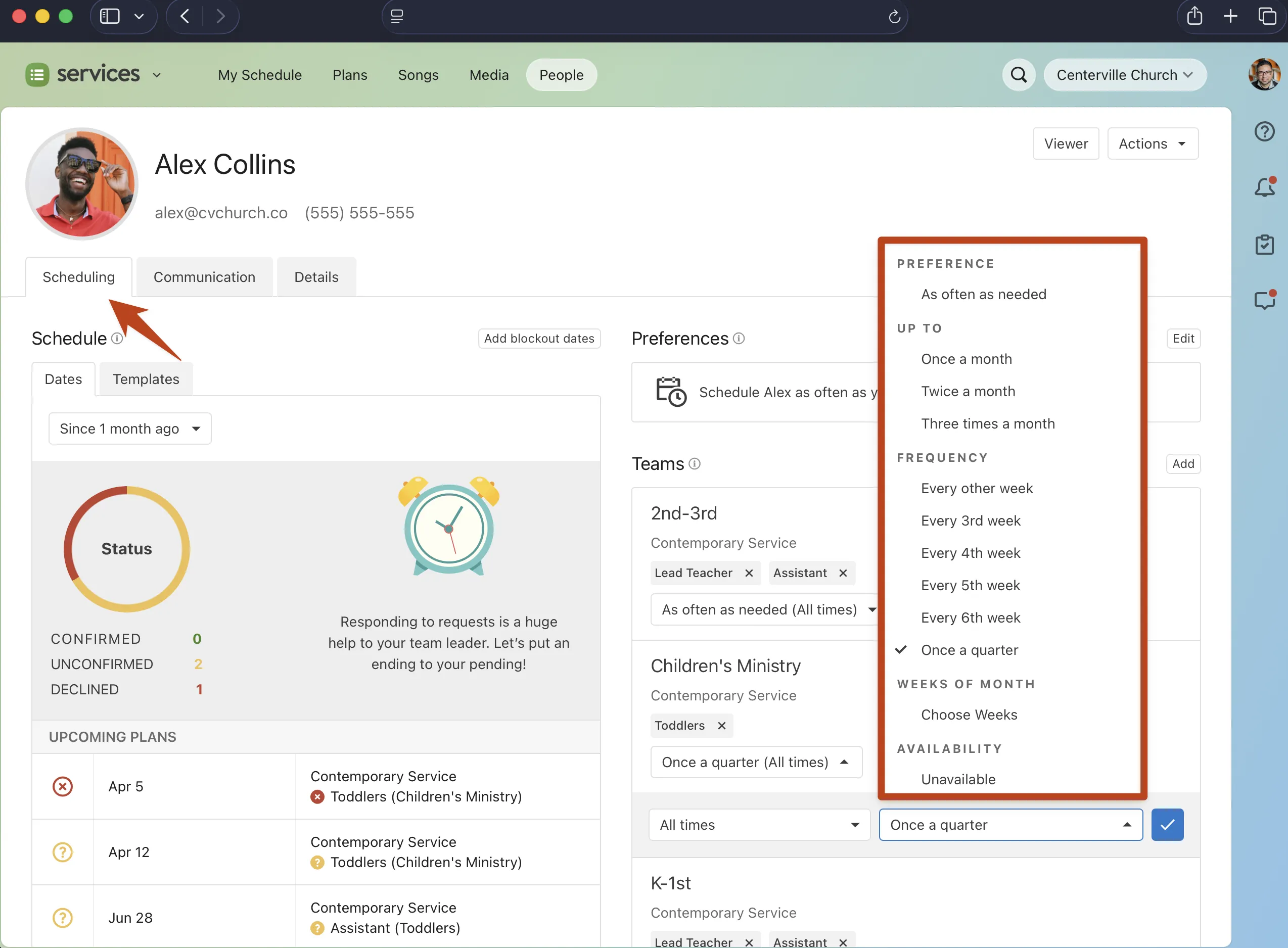 Scheduling dashboard showing user profile with a red box highlighting frequency options like "As often as needed" and "Once a quarter."