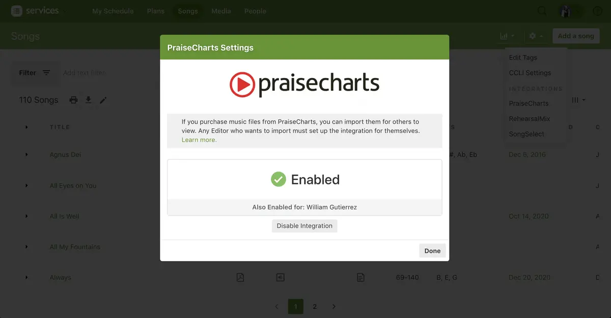PraiseCharts integration screenshot 1