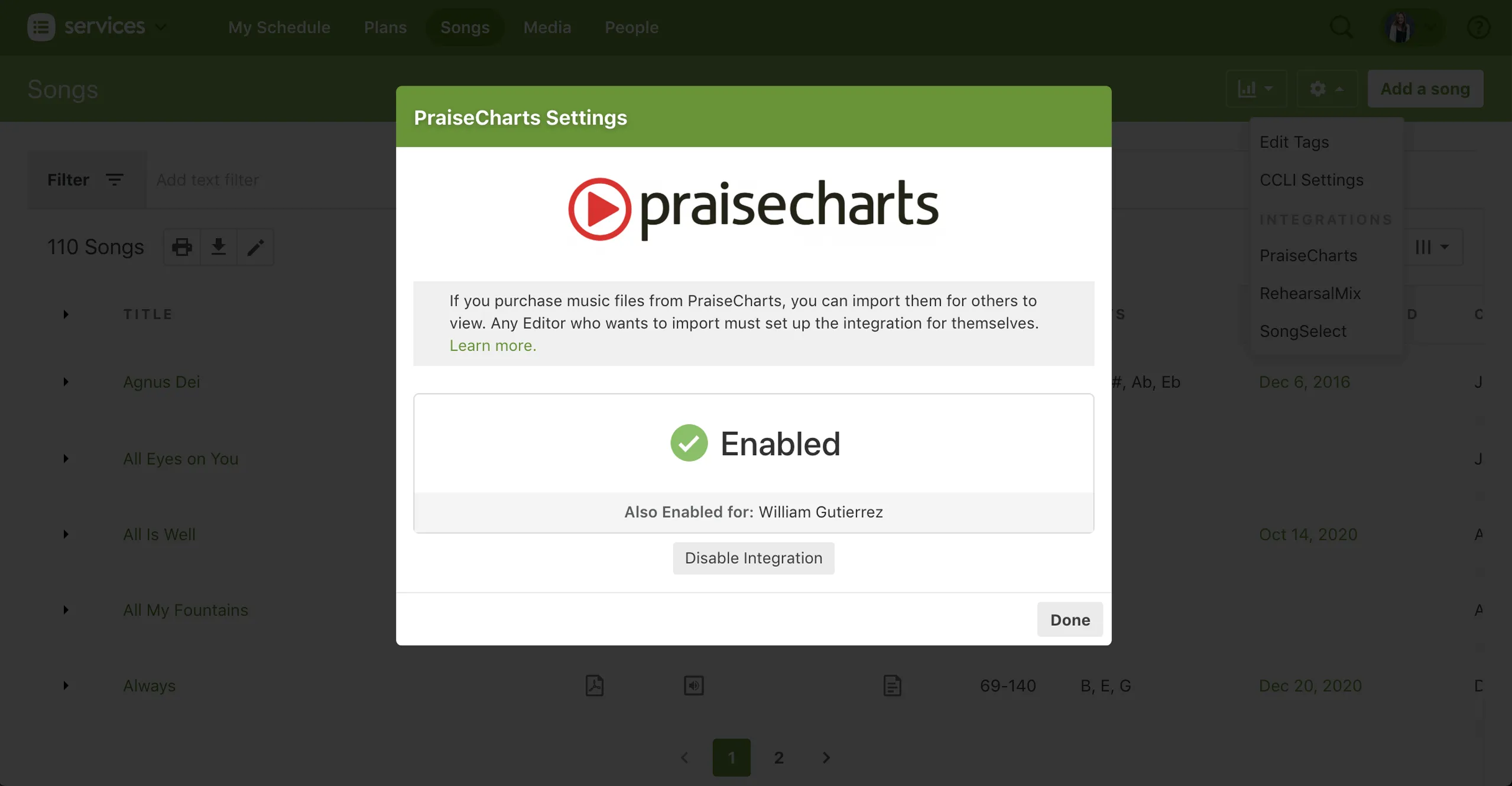 PraiseCharts integration screenshot 1
