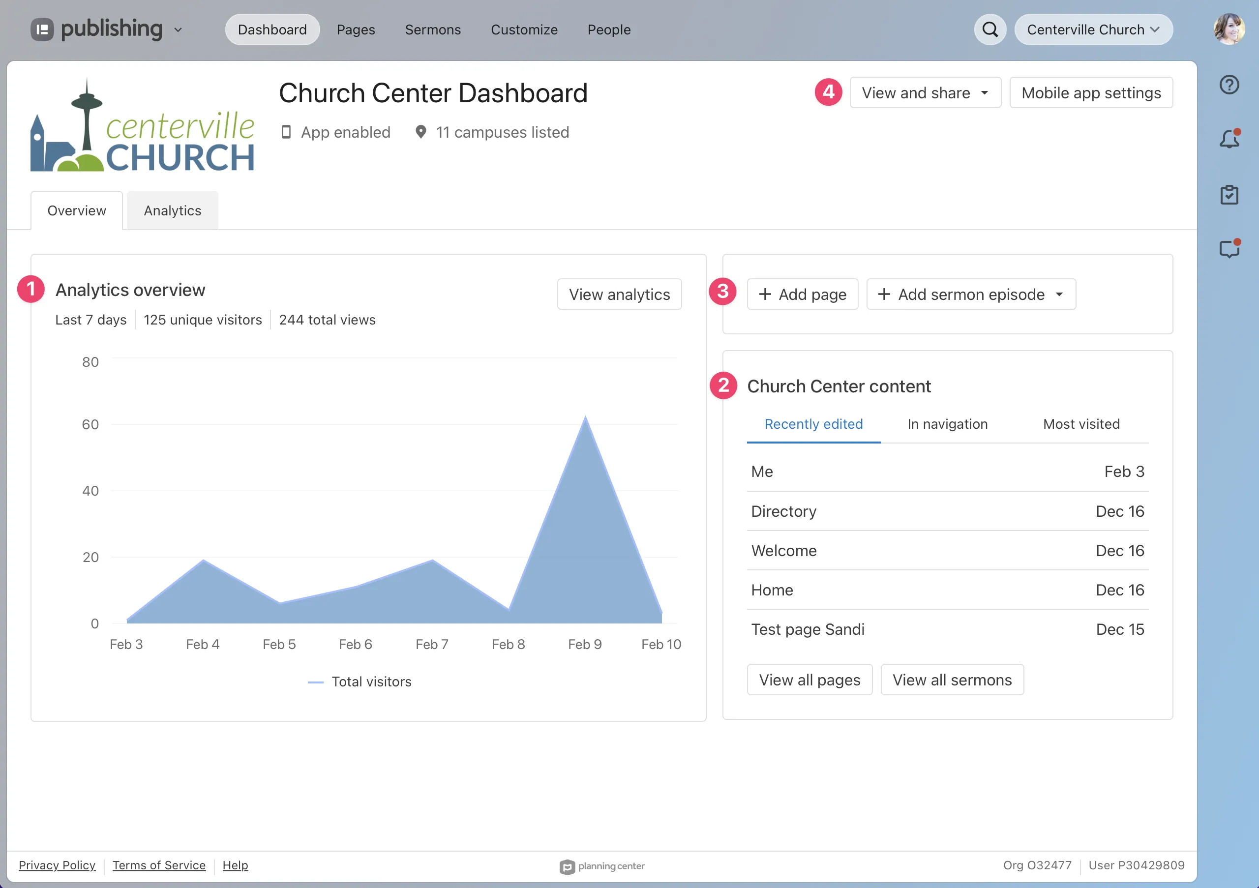 Dashboard interface showing analytics graph of total visitors, recent content, and options to add or select a sermon. Header reads "Centerville Church."