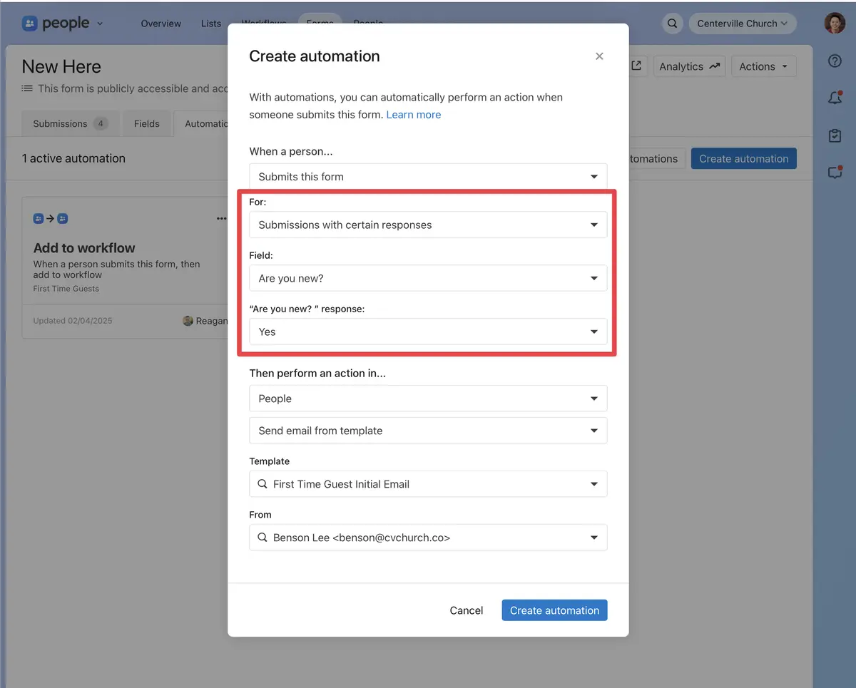 Automations UI that shows the ability to trigger events based on form submission answers