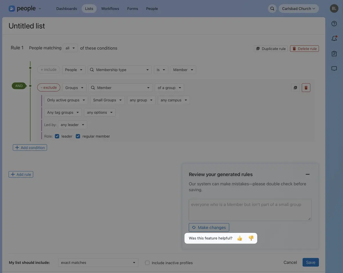 A screenshot of using the new natural language lists UI. The feedback prompt is highlighted.
