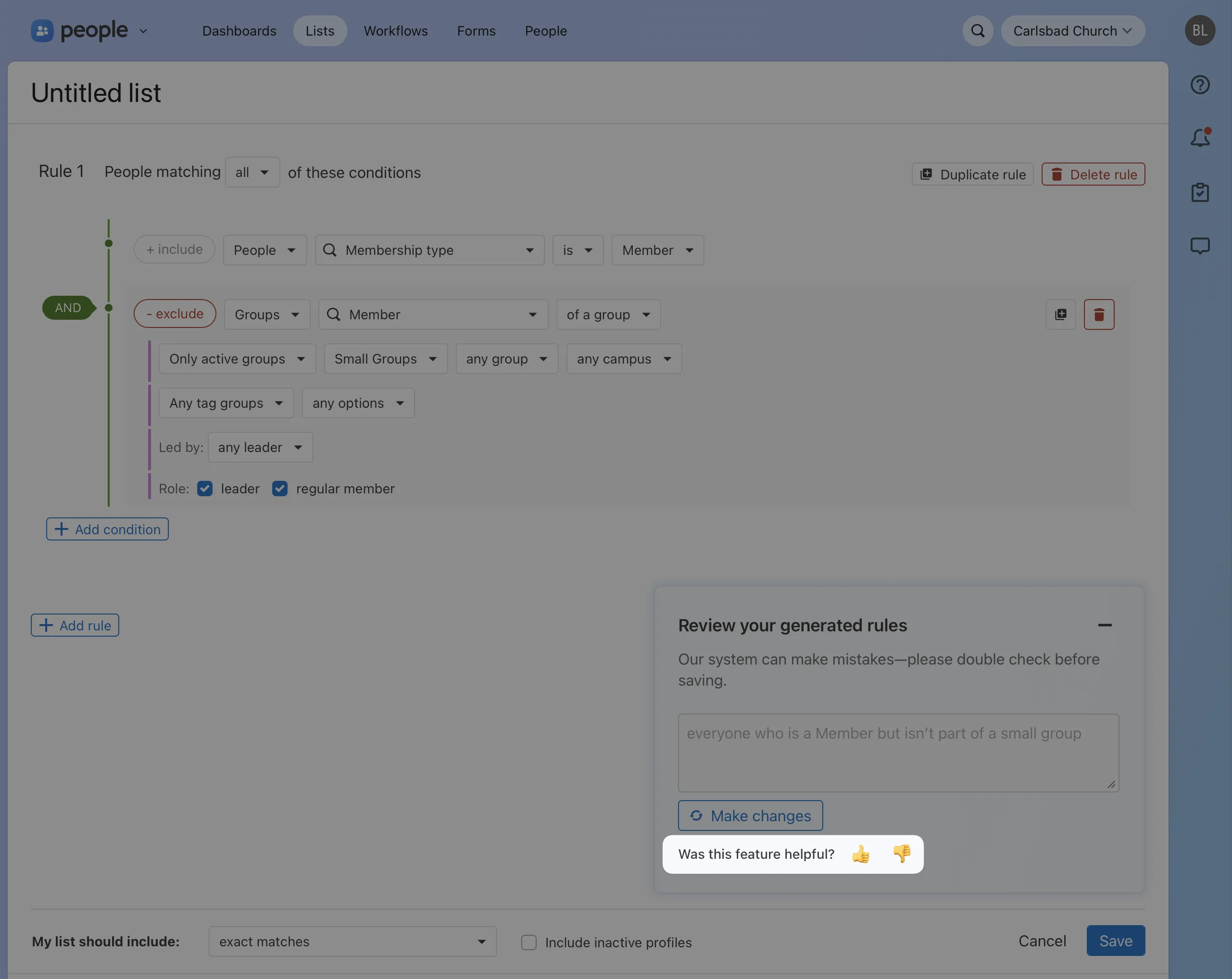 A screenshot of using the new natural language lists UI. The feedback prompt is highlighted.