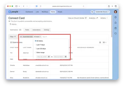 Table of form submissions with a date filter menu highlighted, displaying options like "All dates" and "Date range."