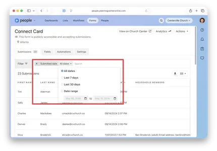 Table of form submissions with a date filter menu highlighted, displaying options like "All dates" and "Date range."