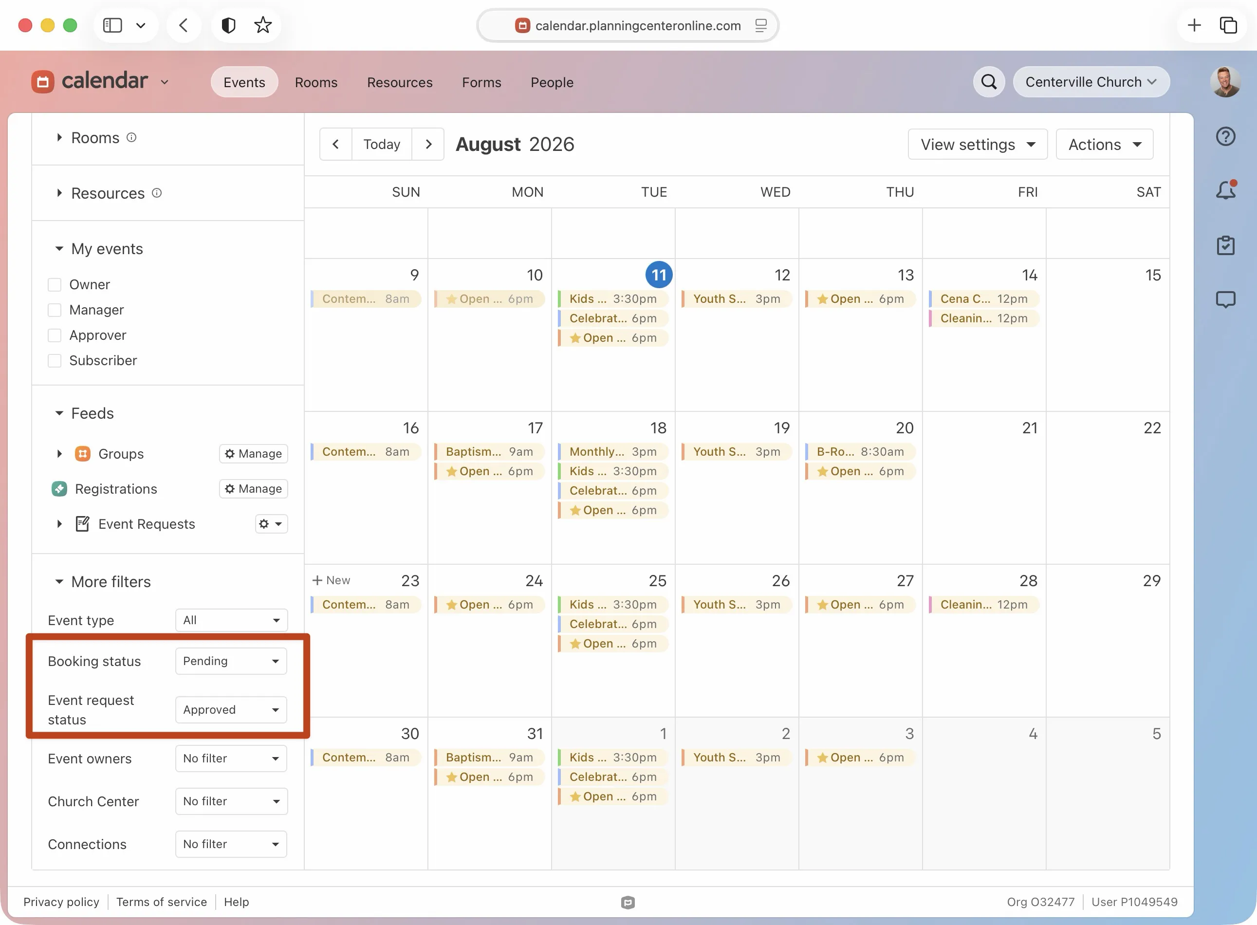 Online calendar for August 2026 with various events listed on different days. Sidebar shows event filters and status options.