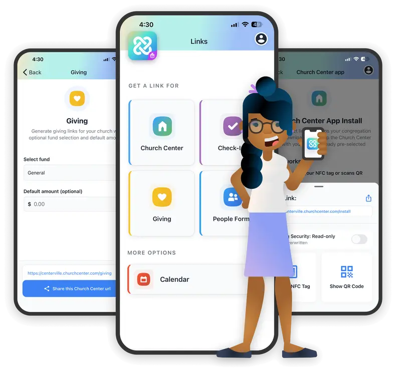 Illustration of a person holding a phone with an app interface showing options: Church Center, Check-In, Giving, People Forms, and Calendar.