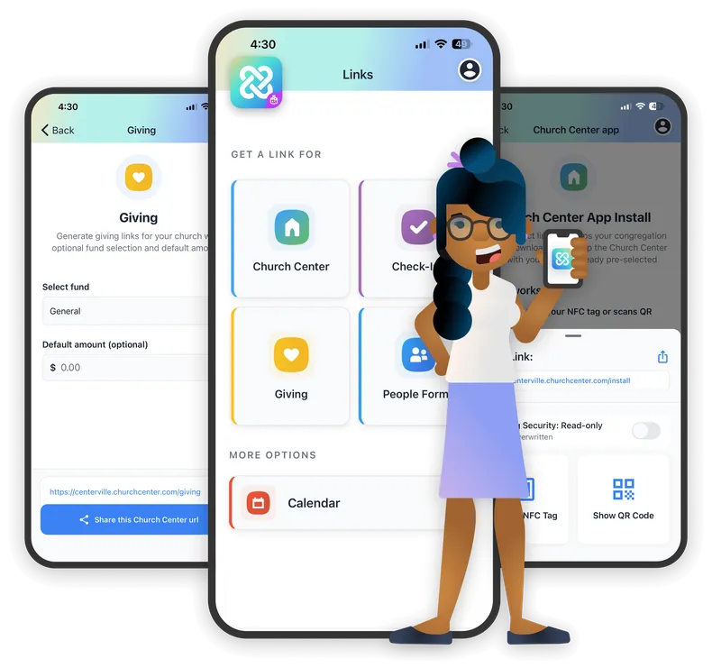 Illustration of a person holding a phone with an app interface showing options: Church Center, Check-In, Giving, People Forms, and Calendar.