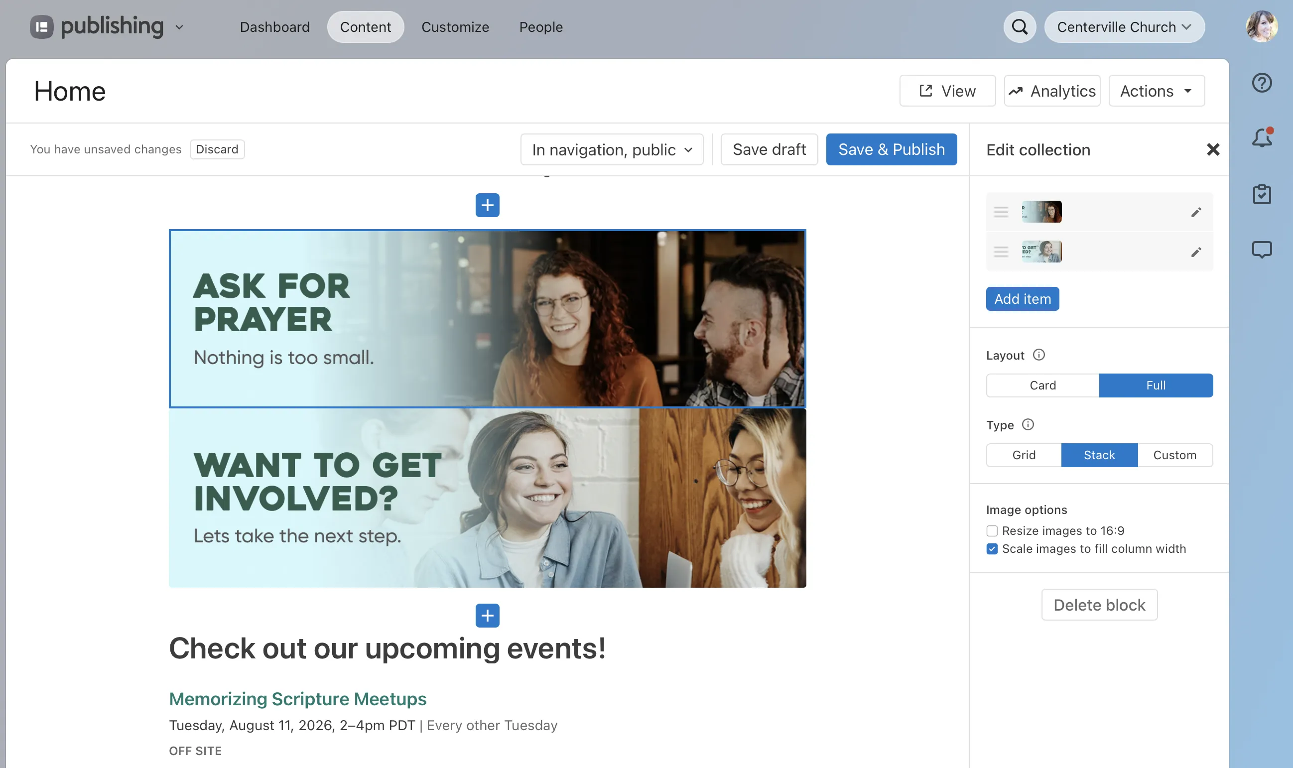 Church website editor displaying event announcements and call-to-action sections for prayer requests and involvement opportunities.
