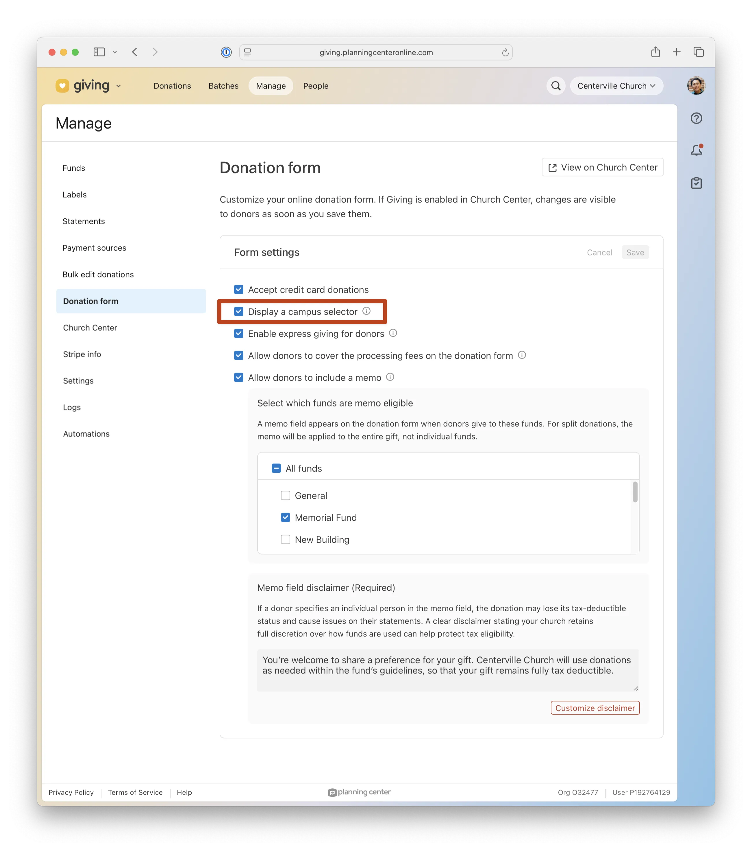 Planning Center Giving screenshot of an online donation form customization page with options for credit card donations, campus selector, and memo inclusion.