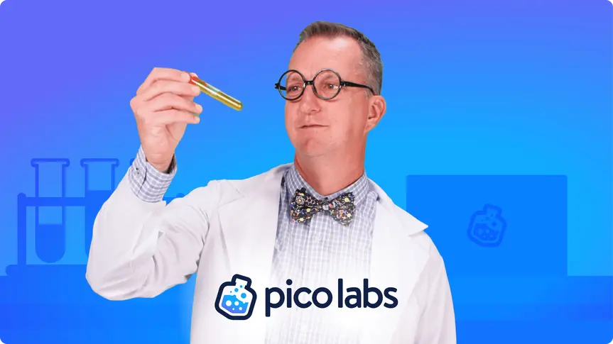A scientist in glasses and bow tie examines a test tube. Background has test tubes and a laptop with the "pico labs" logo.