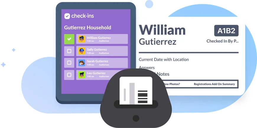 An example of a list of people being checked in for a specific event, and a name label being printed.