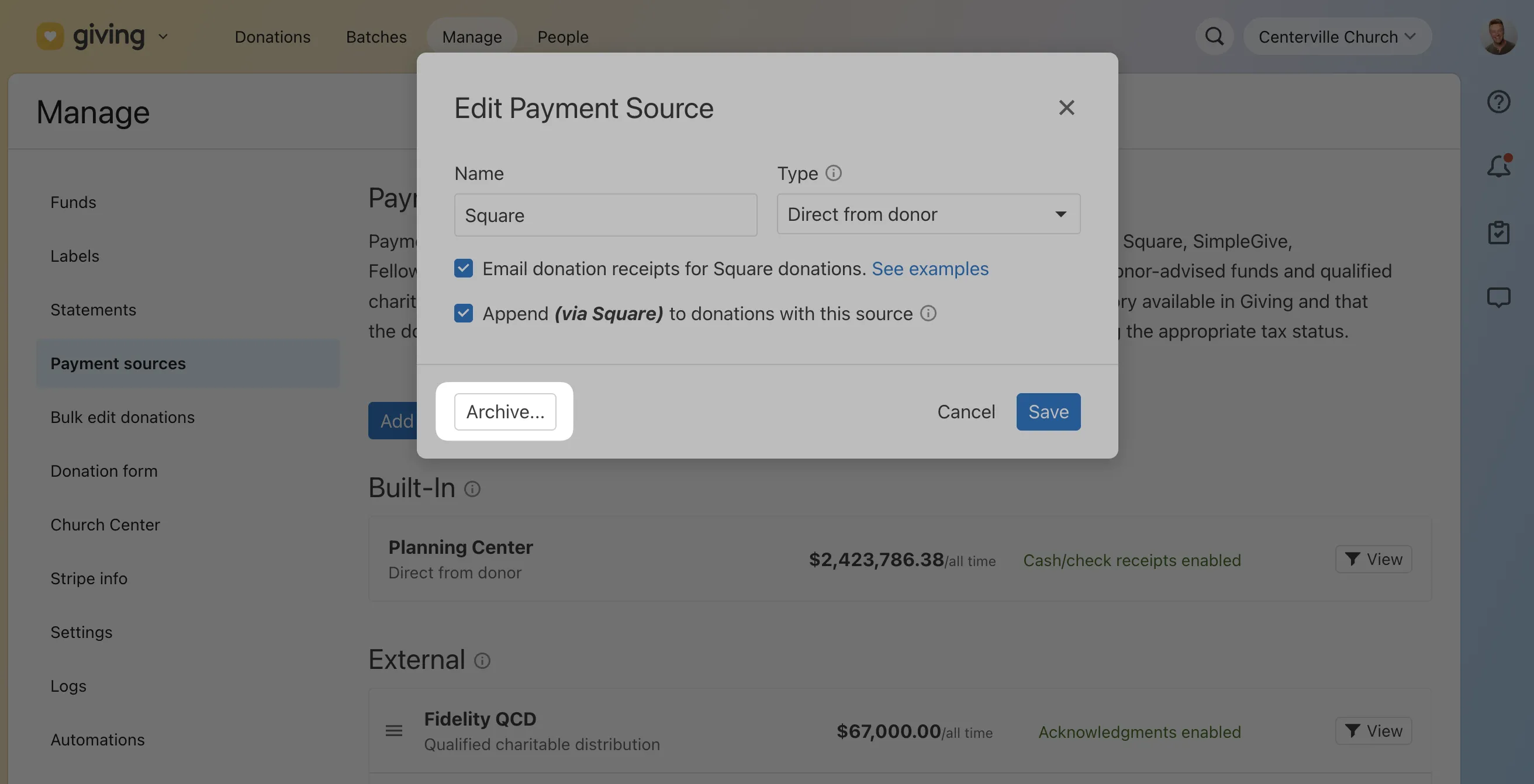 A payment source editing interface with options to save or cancel changes.