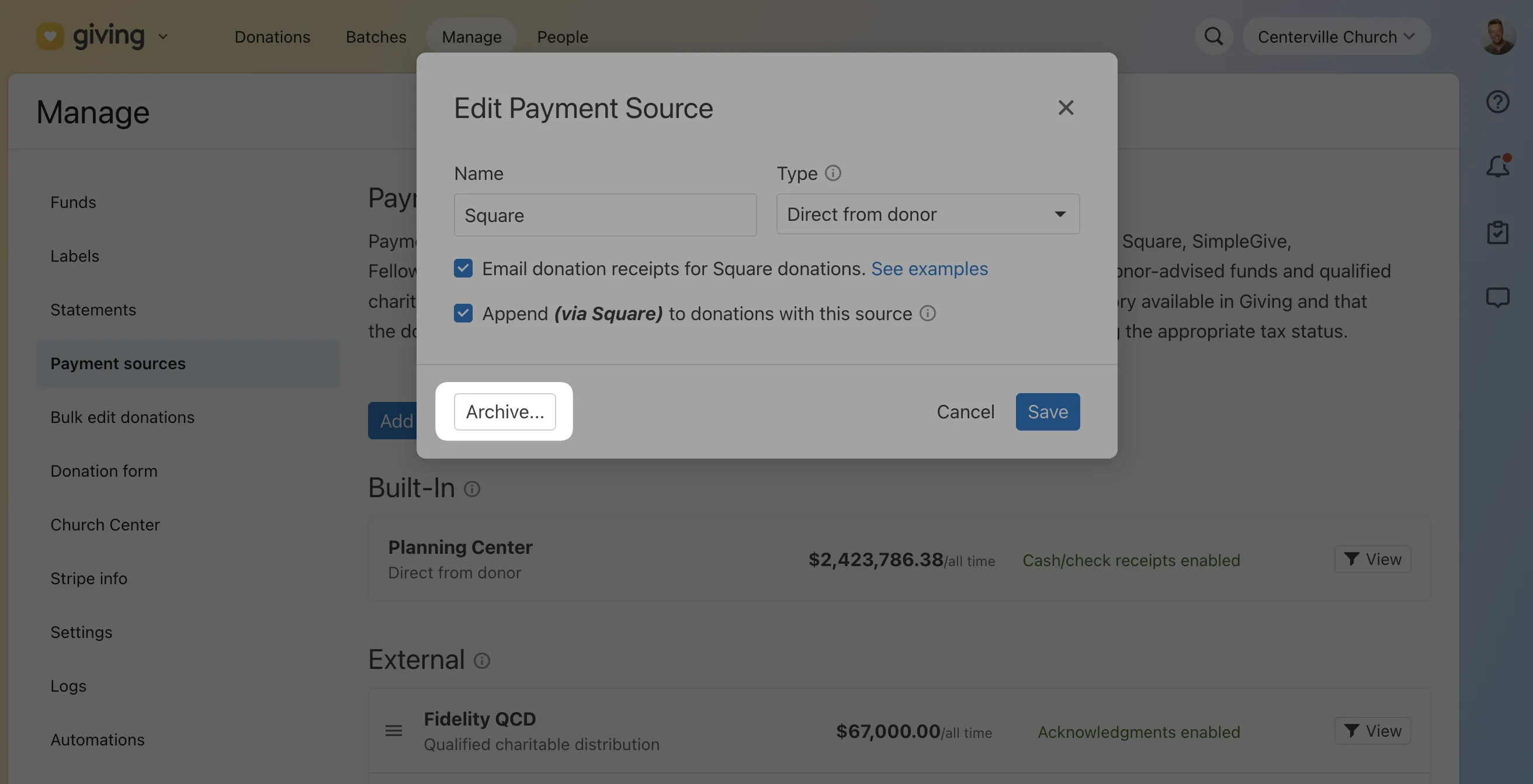 A webpage showing an "Edit Payment Source" dialog box for managing donation settings, with an "Archive" button highlighted.