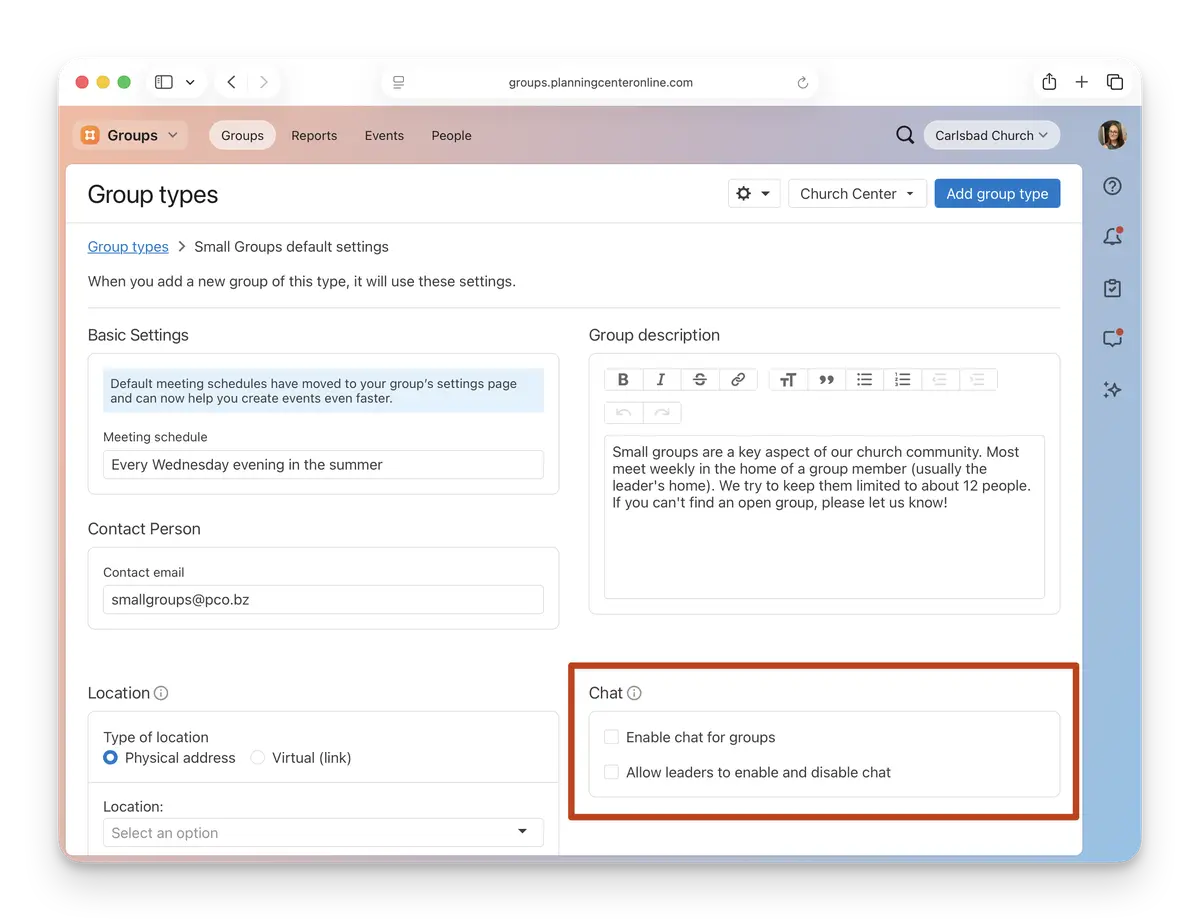 A webpage for managing church group settings, showing basic details, contact email, location, and chat options with an emphasis on group description.