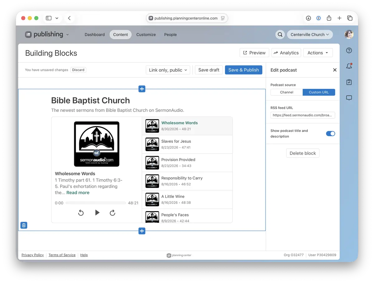 Screenshot of a web page editing interface showing a podcast section titled "Bible Baptist Church" with sermon titles and publication details listed.