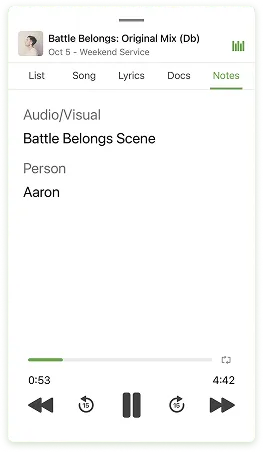 Music player interface showing "Battle Belongs: Original Mix" with audio/visual notes, person named Aaron, and playback controls.