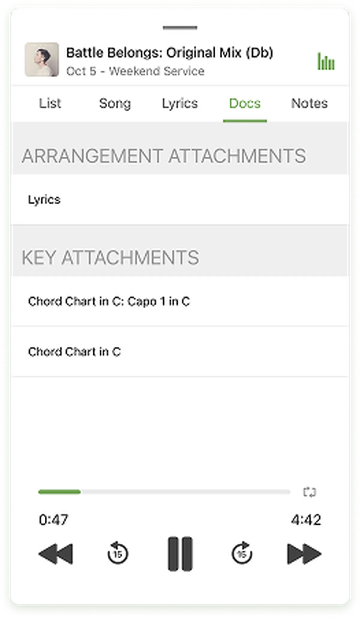 Music app screen showing song details and attachments, including lyrics and chord charts. Playback controls are at the bottom.