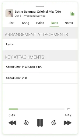 Music app screen showing song details and attachments, including lyrics and chord charts. Playback controls are at the bottom.