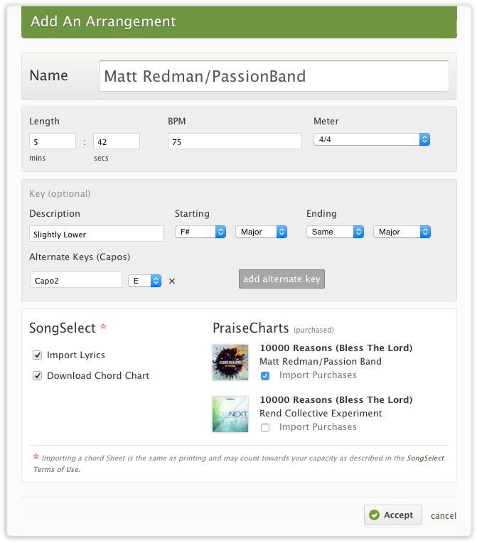 A modal to add an arrangement of a song with different length and key options.