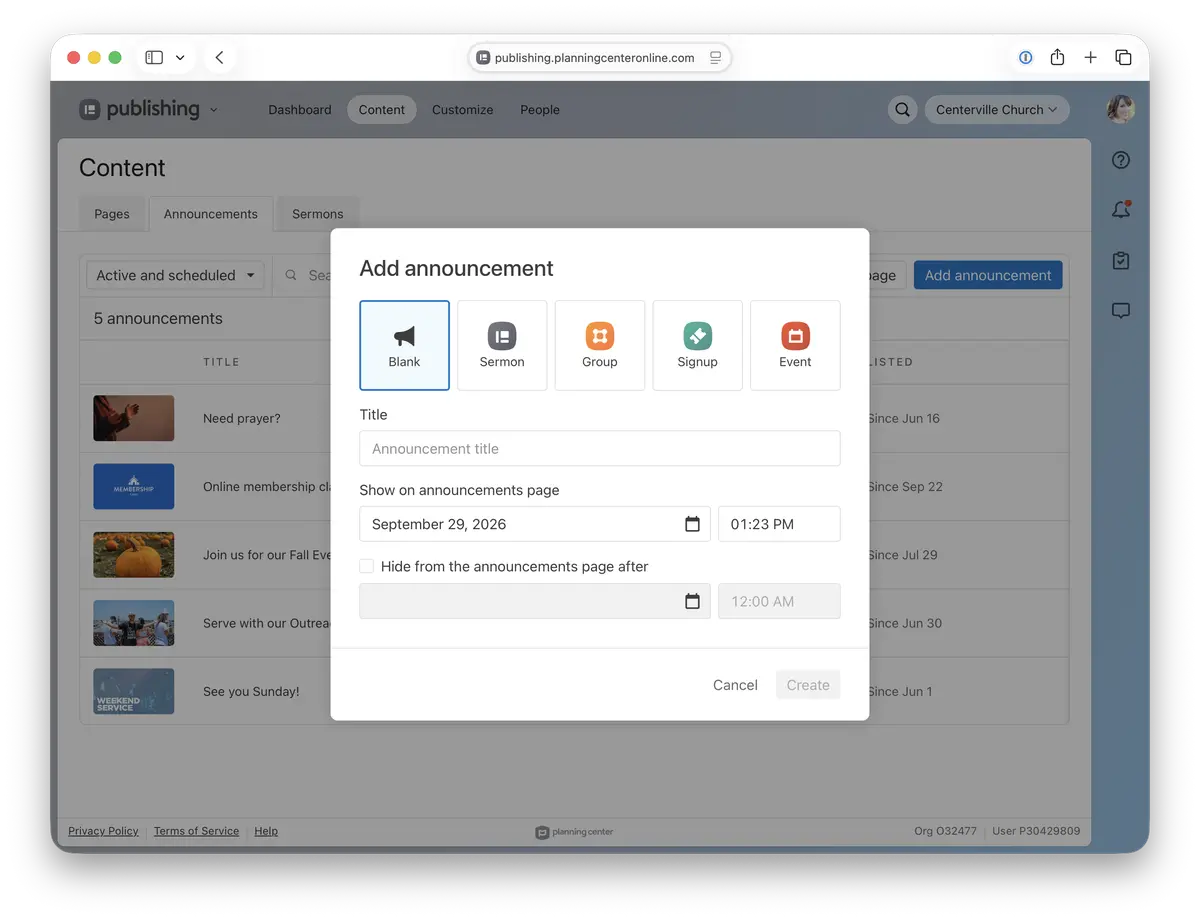 A webpage interface for adding church announcements, featuring input fields for title, date, and time, with options for event types.