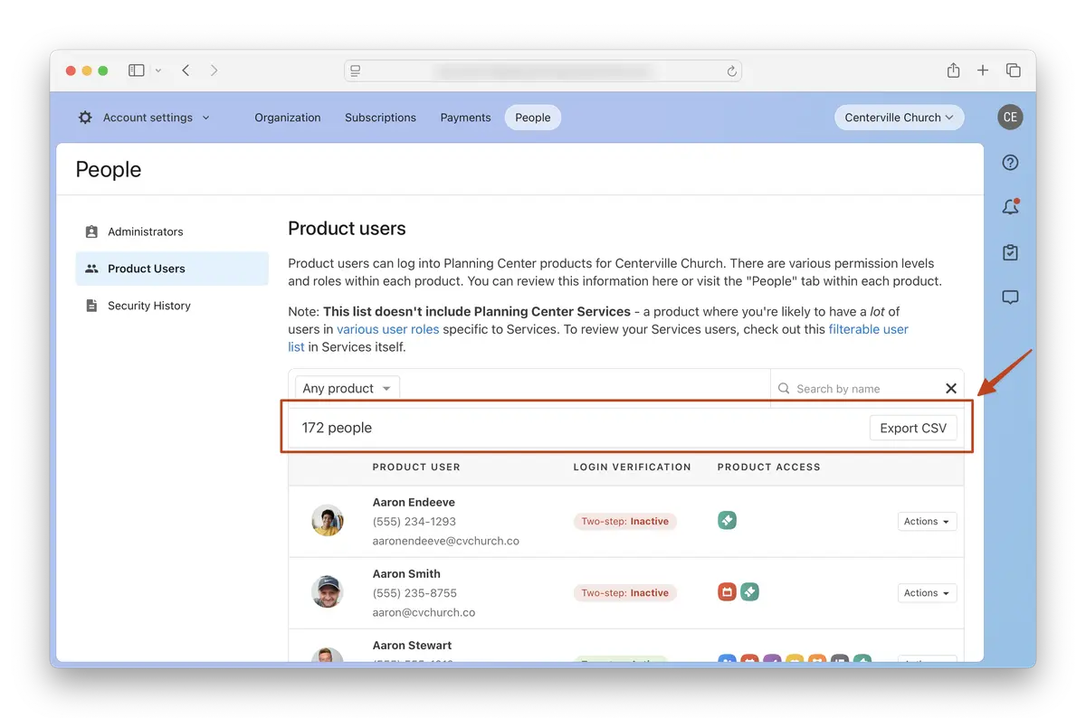 Product users page displaying user list with names, emails, login verification, and product access details. Option to export as CSV.