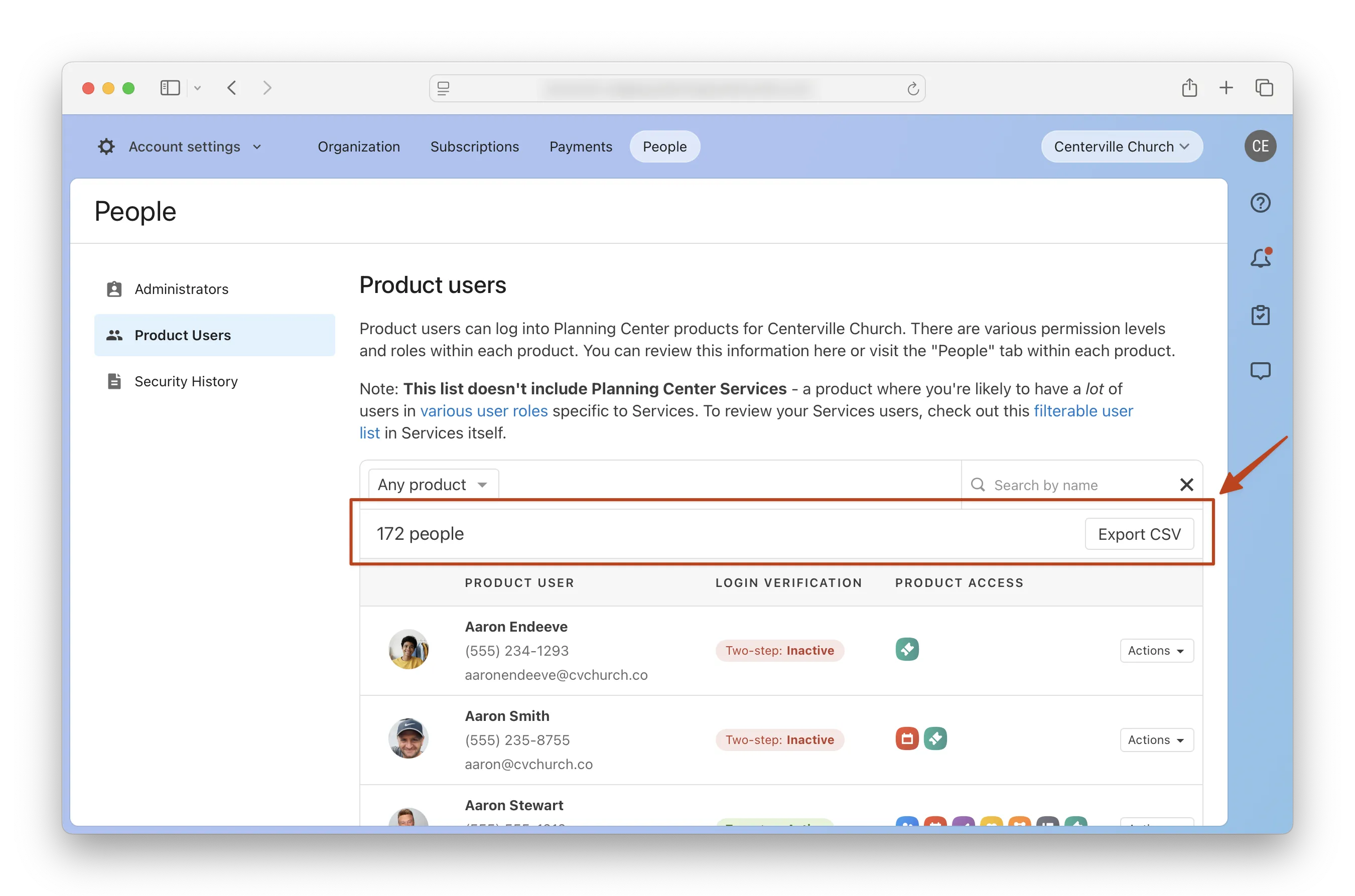 Product users page displaying user list with names, emails, login verification, and product access details. Option to export as CSV.