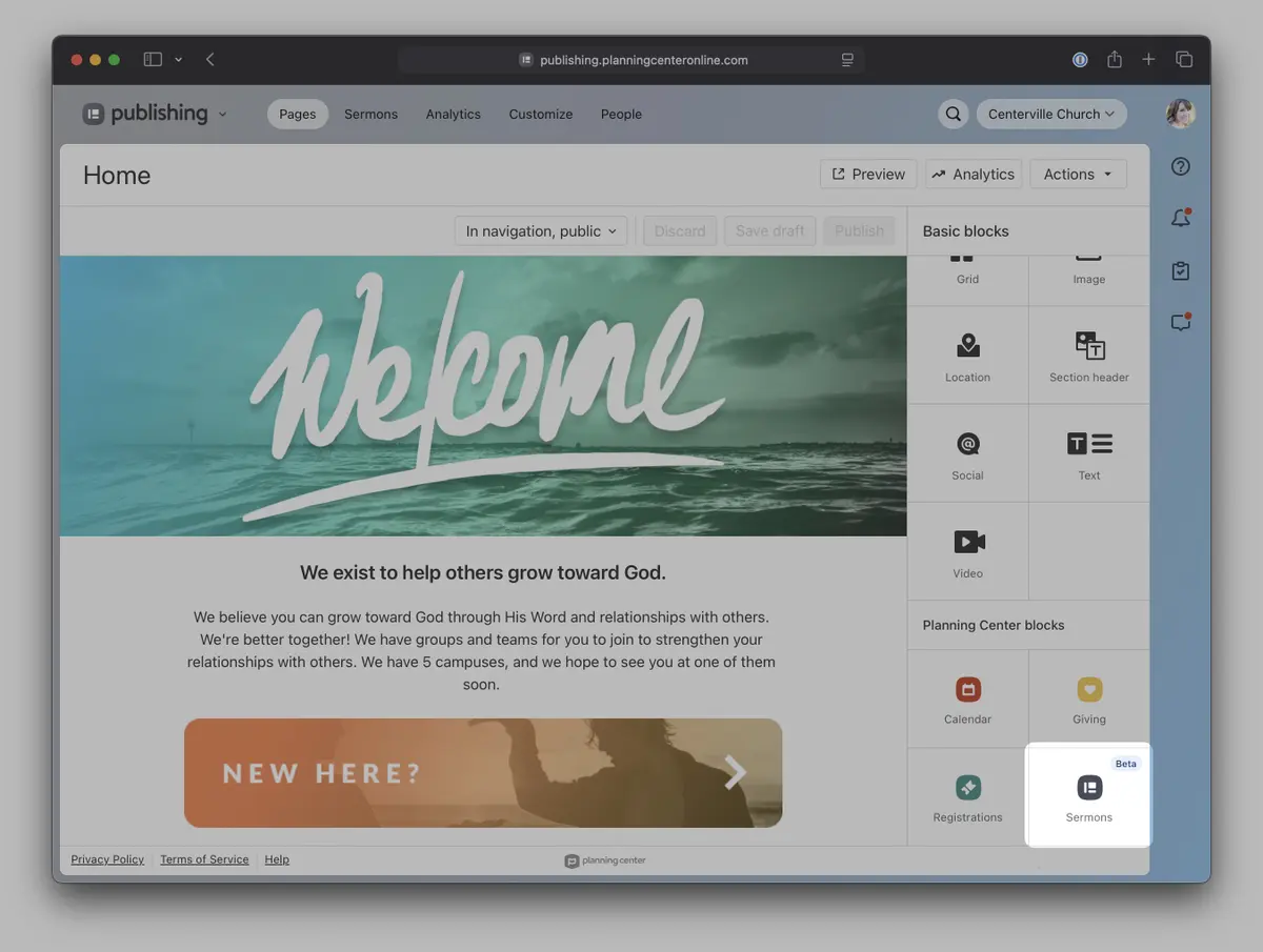 Webpage editor displaying a coastal-themed welcome page with text "We exist to help others grow toward God," and a sidebar of editing tools.