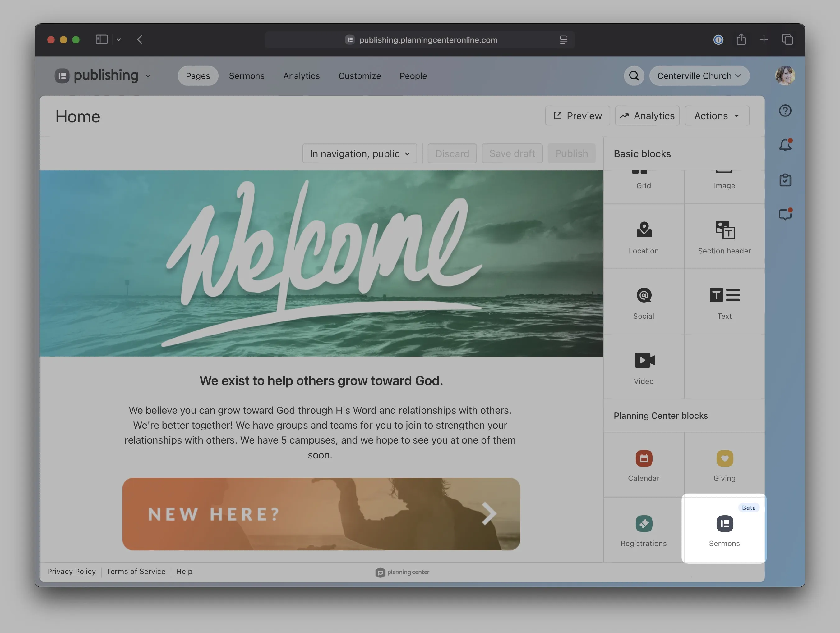 Webpage editor displaying a coastal-themed welcome page with text "We exist to help others grow toward God," and a sidebar of editing tools.