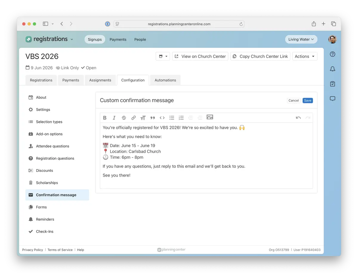Webpage showing a confirmation message editor for VBS 2026 registration. Includes event details and communication options with emojis..