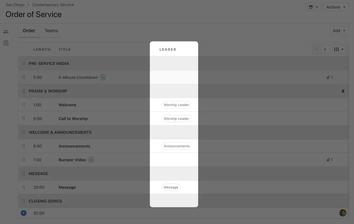 A digital schedule for a contemporary service, showing roles like Worship Leader, Announcements, and Message, with times listed.