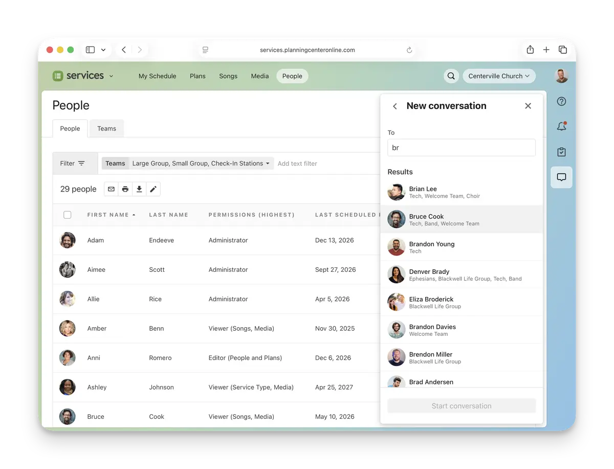 Contact management interface displaying a list of people with names, permissions, and photos. A sidebar shows a search for starting a conversation.